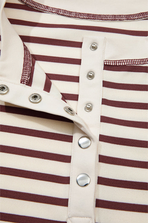 Striped Drop Shoulder Snap Front Henley Long Sleeve Top